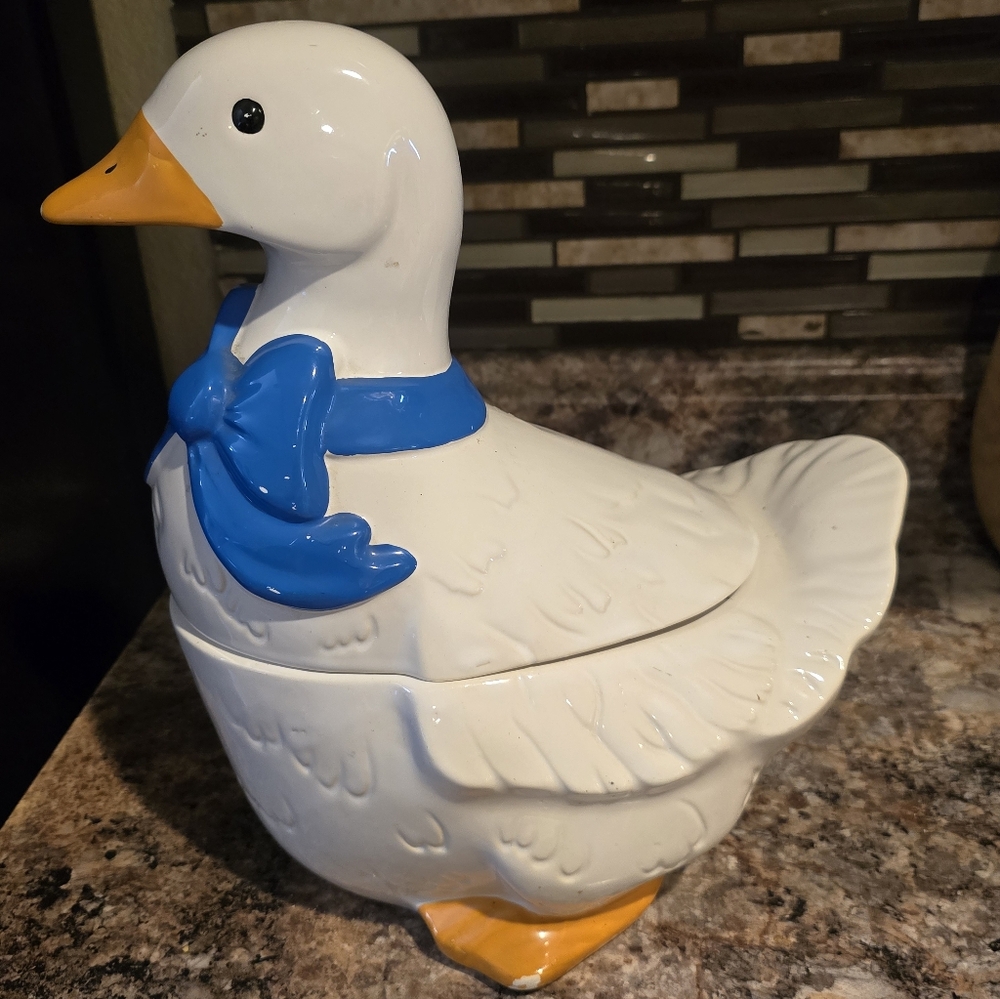 Vintage Goose Cookie Jar Blue Bow Charming White Goose Cookie Jar with Blue Bow